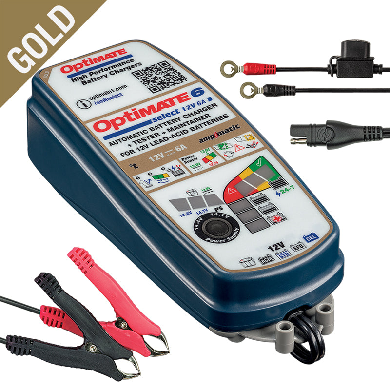 OptiMate, Batterioplader, 12V/6.0A 9-trins, passer til AGM, GEL, STD & EFB 12V fra 3-144Ah & LITHIUM LFP 12.8/13.2V fra 2-68Ah