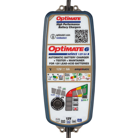 OptiMate, Batterioplader, 12V/6.0A 9-trins, passer til AGM, GEL, STD & EFB 12V fra 3-144Ah & LITHIUM LFP 12.8/13.2V fra 2-68Ah