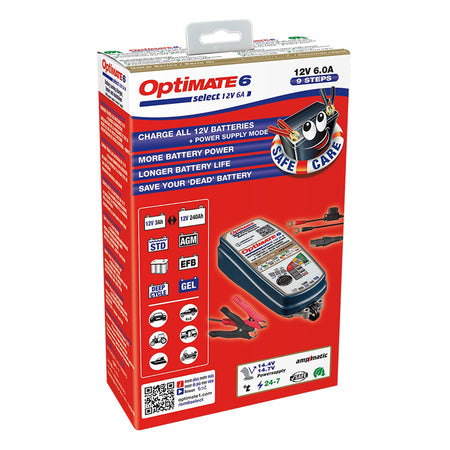 OptiMate, Batterioplader, 12V/6.0A 9-trins, passer til AGM, GEL, STD & EFB 12V fra 3-144Ah & LITHIUM LFP 12.8/13.2V fra 2-68Ah