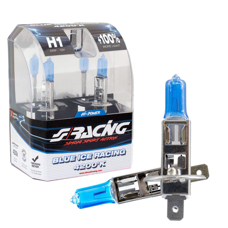 Simoni Racing, Halogen Birnen Blue Ice Racing H1 (4200K) 12V/55W, Satz à 2 Stück ECE-R37, Blau