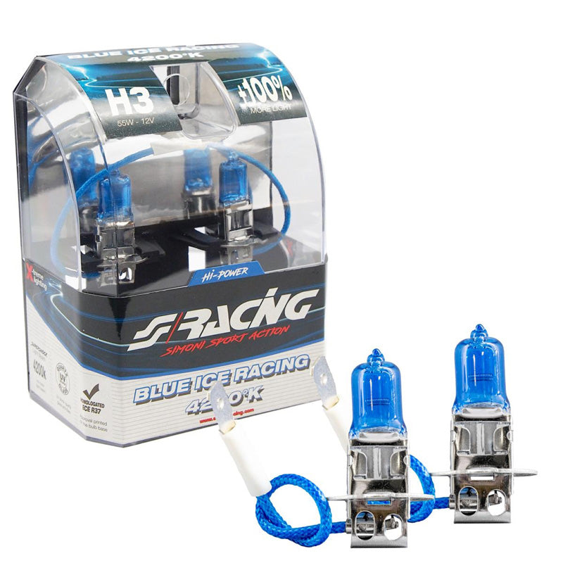 Simoni Racing, Halogen Birnen Blue Ice Racing H3 (4200K) 12V/55W, Satz à 2 Stück ECE-R37, Blau