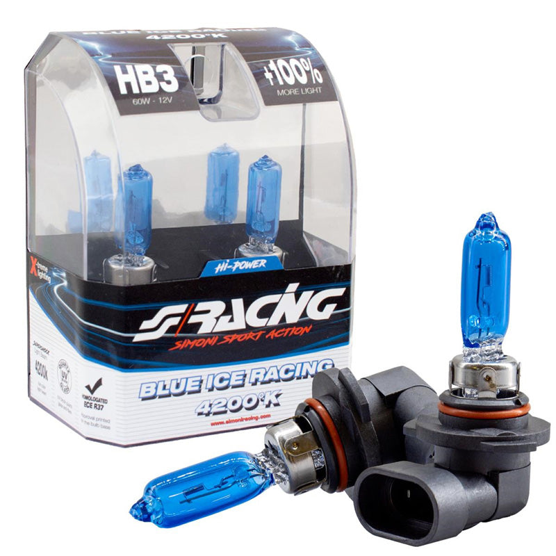 Simoni Racing, Halogen Birnen Blue Ice Racing HB3 (4200K) 12V/65W, Satz à 2 Stück ECE-R37, Blau