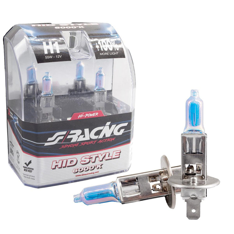 Simoni Racing, Halogen Birnen HID Style H1 (6000K) Hyperweiß 12V/55W, Satz à 2 Stück ECE-R37, Blau
